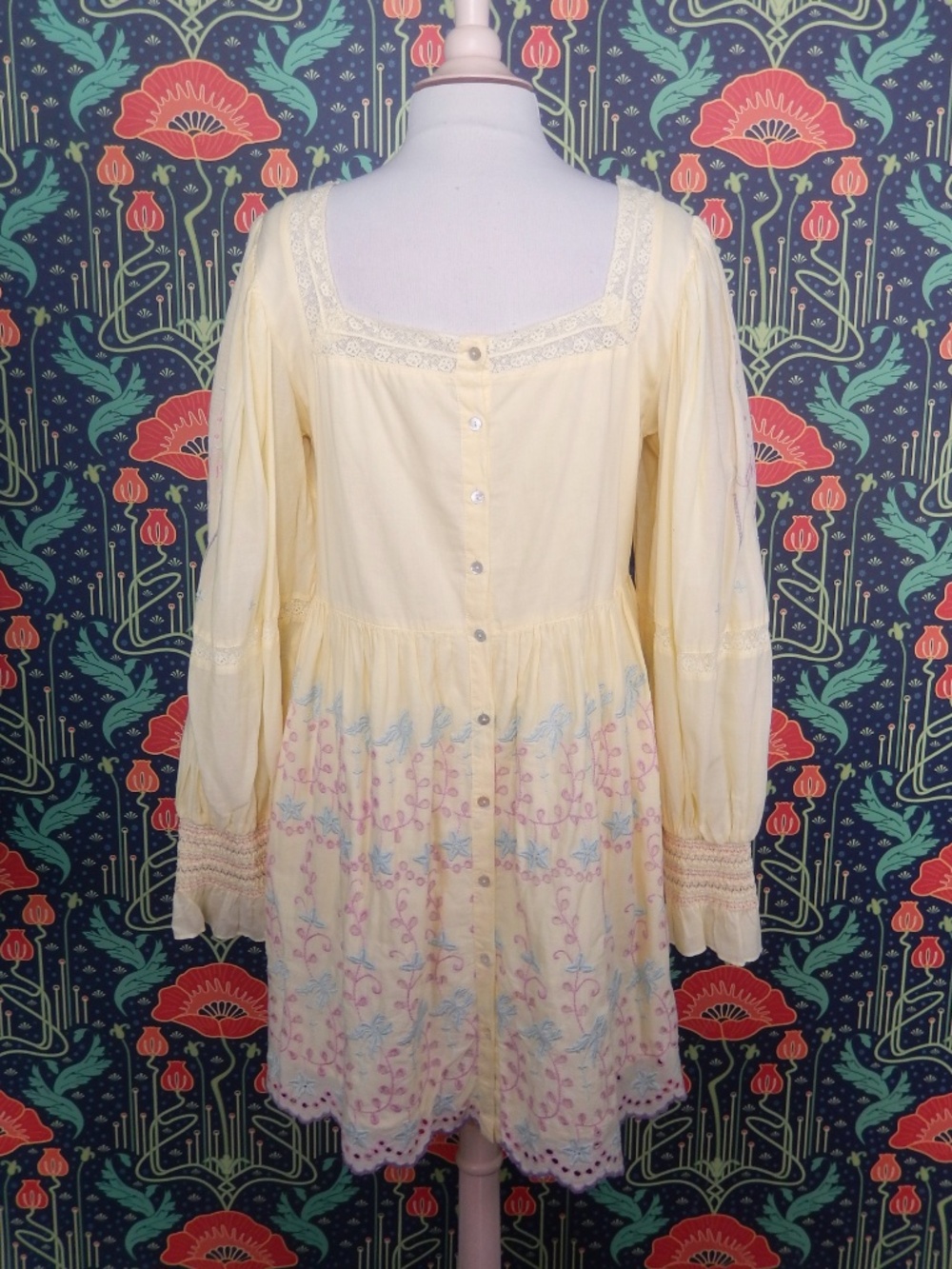 LoveShackFancy Freja Embroidered Yellow Lilac Romantic Victorian Cotton Dress 8 - Picture 8 of 8